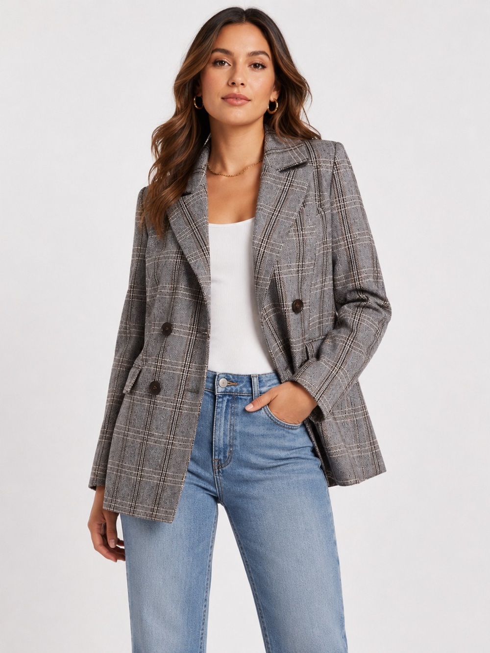 Avec Les Filles Gray Plaid Double Breasted Blazer Sz. L